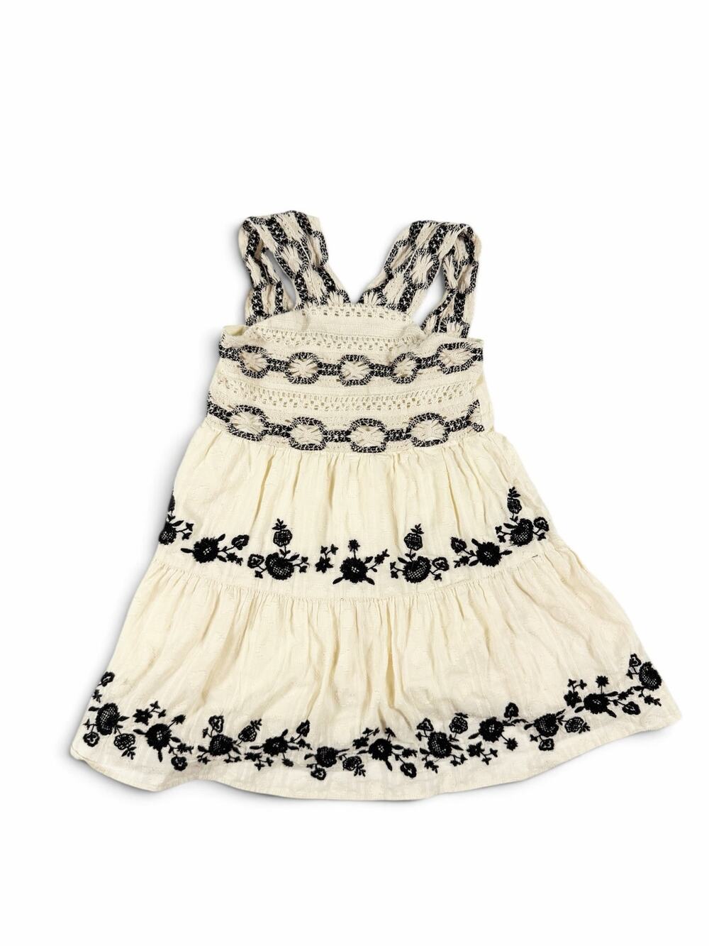 Zara Kids Girls Embroidered Tiered Boho Dress Cream Black Size 6